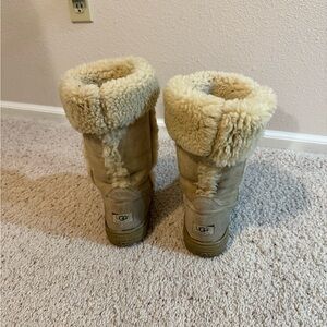 UGG Tan Suede Mid-Calf Boots with Plush Cuff